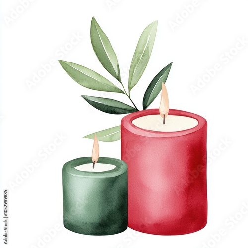 Two elegant candles in green and red with a sprig of leaves, perfect for creating a cozy atmosphere on a white isolated background.