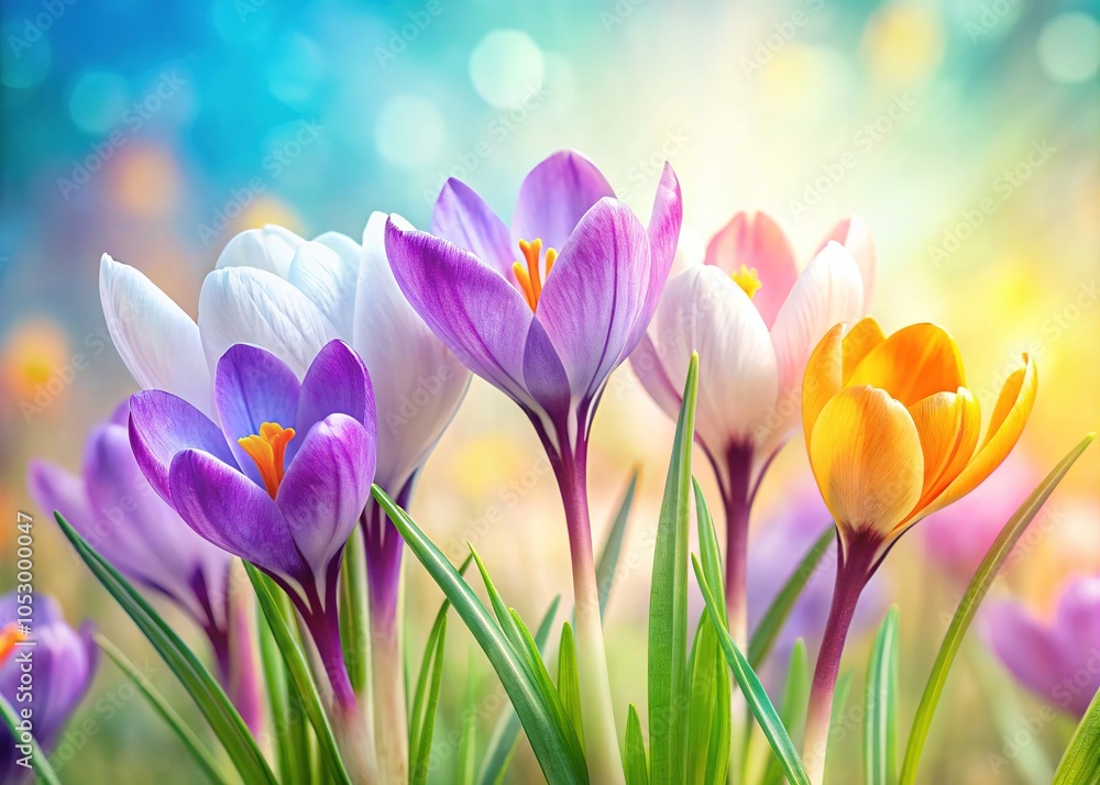Soft pastel crocuses paint a vibrant spring scene, perfect for text. Soft pastel crocuses paint a vibrant spring scene, perfect for text.