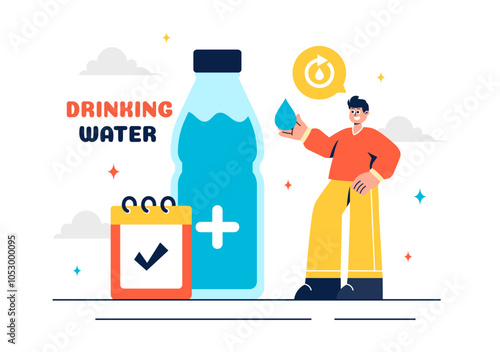 Vector Illustration of People Drinking Water from Plastic Bottles and Glasses, Featuring a Pure and Fresh Concept in a Flat Style Cartoon Background