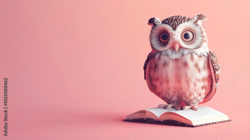 Obraz premium A cartoon owl with big eyes is standing on a book.