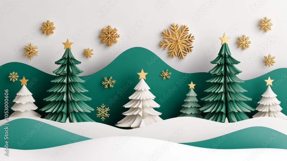 Obraz premium 2410_021.stylized 3d paper christmas trees, emerald green monochrome palette, golden snowflake accents, minimalist holiday scene, layered paper art style, subtle gradient background, delicate gold