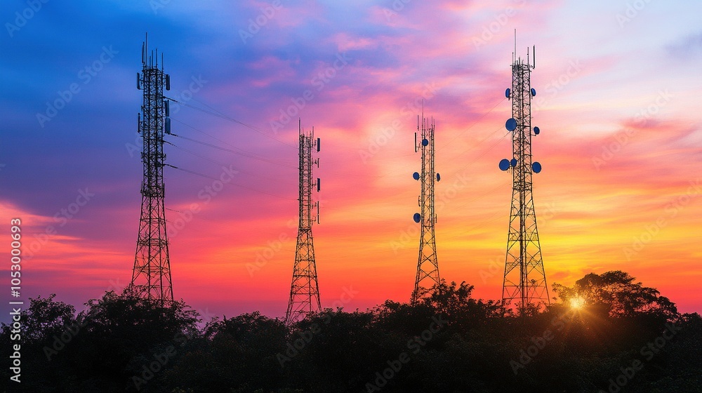 Naklejka premium Telecommunication Towers Silhouette at Sunset