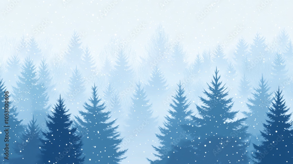 Obraz premium 2410_013.frosted pine forest, angular tree forms, delicate snow particles, icy blue hues, minimalist winter artwork, overlapping tree layers, subtle depth perception, modern holiday illustration,