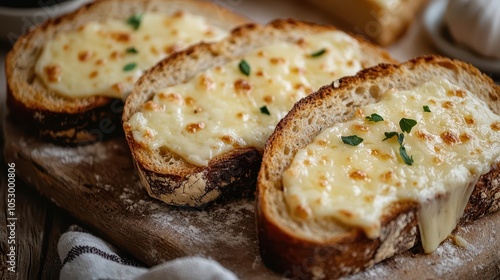 Wallpaper Mural Melted cheese on freshly baked rustic bread, warm colors and inviting textures, close-up detail, evoking a comforting, home-cooked feel Torontodigital.ca