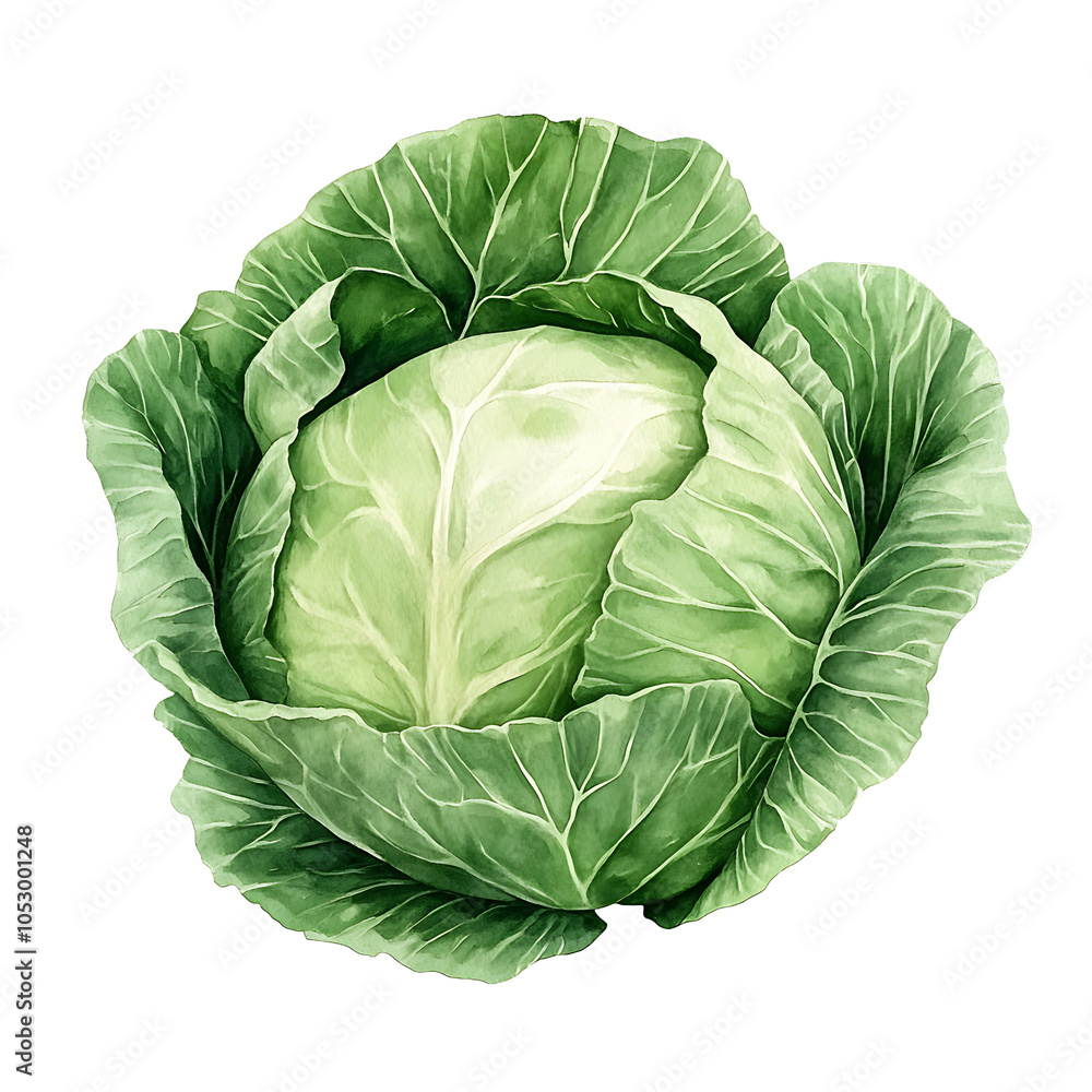 Fototapeta premium Watercolor Cabbage Illustration - PNG Transparent Background, Fresh Green Cabbage Painting for Design Projects, Organic Food Art