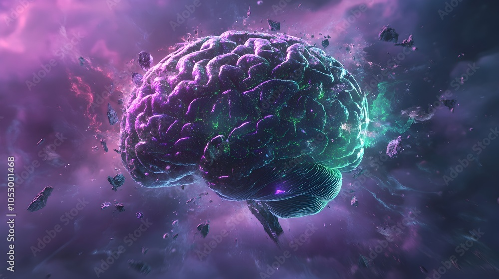 Digital neurons breaking apart from a decaying brain, futuristic sci-fi, purple and green holographic light, high-tech 3D effect, crumbling structure to show mental health decline Digital neurons breaking apart from a decaying brain, futuristic sci-fi, purple and green holographic light, high-tech 3D effect, crumbling structure to show mental health decline