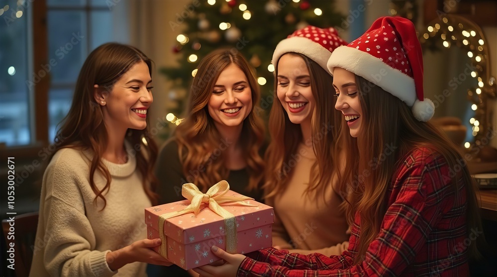 A joyful Christmas celebration with friends exchanging gifts and sharing drinks A joyful Christmas celebration with friends exchanging gifts and sharing drinks