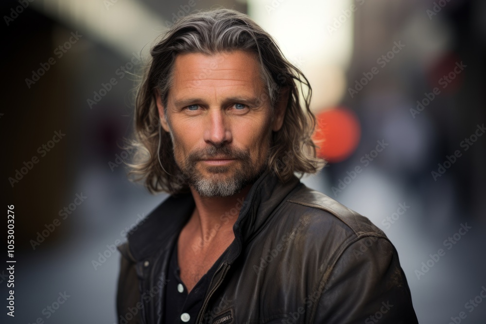 Handsome middle age man with long hair and beard wearing a leather jacket standing in an urban environment Handsome middle age man with long hair and beard wearing a leather jacket standing in an urban environment