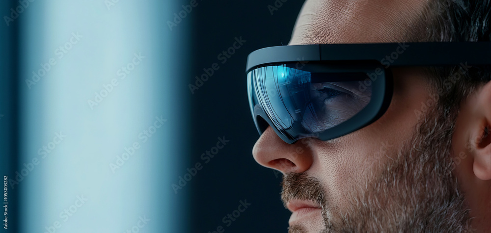 A close-up of a man wearing futuristic glasses, focusing intently, with a high-tech background enhancing the innovative ambiance. A close-up of a man wearing futuristic glasses, focusing intently, with a high-tech background enhancing the innovative ambiance.