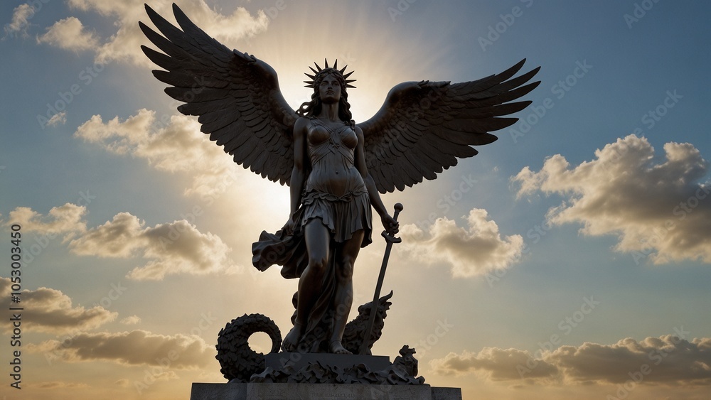 Fototapeta premium Sculpt Nike, the goddess of victory, holding wings of triumph, standing on the high ground of a battlefield victory, set against dawn and banners of glory, symbolizing the power of victory and honor.
