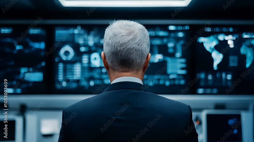 Fototapeta premium A business professional observes data analytics on multiple screens, focused on strategic decision-making in a high-tech environment.