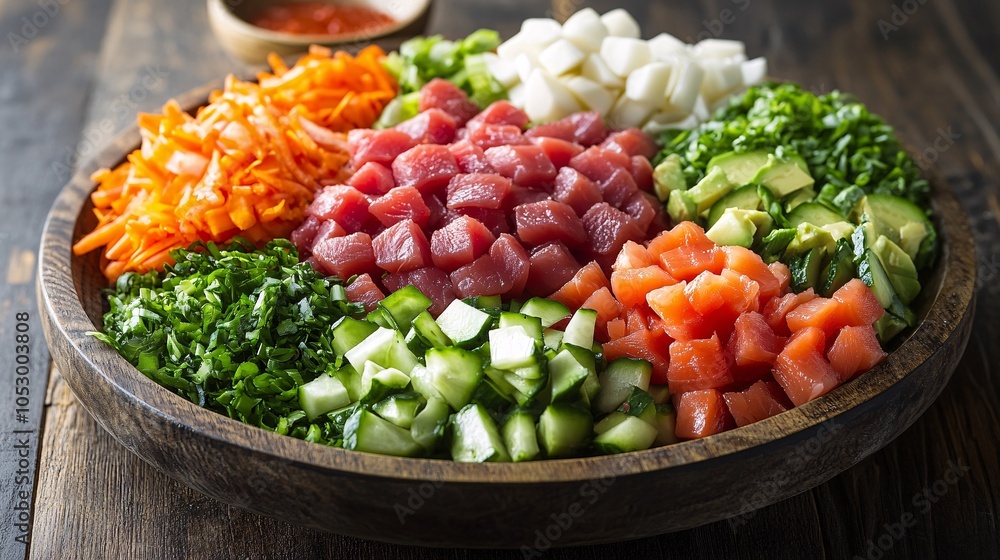 Colorful Arrangement of Fresh Poke Bowl Ingredients Colorful Arrangement of Fresh Poke Bowl Ingredients