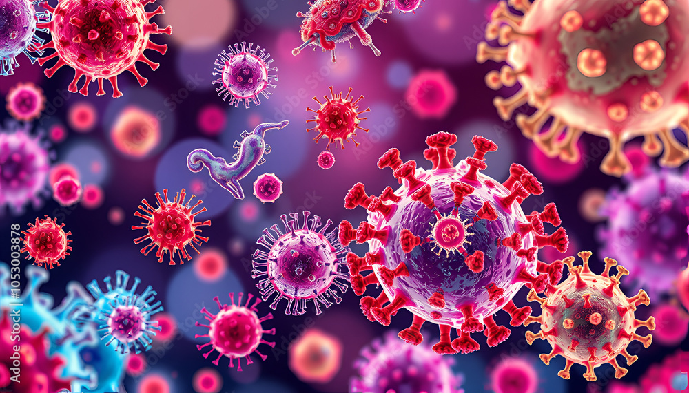 Illustration of microscopic bacteria and viruses, visualized with vibrant colors and detailed textures. Illustration of microscopic bacteria and viruses, visualized with vibrant colors and detailed textures.