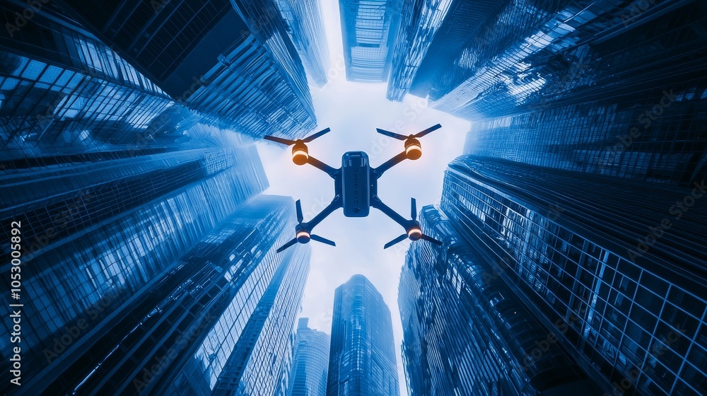 High-tech drones maneuvering through skyscrapers, precise navigation in ...