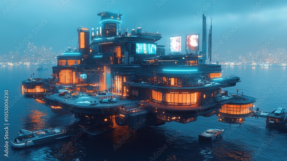 A futuristic city floating on water with glowing neon lights. A futuristic city floating on water with glowing neon lights.