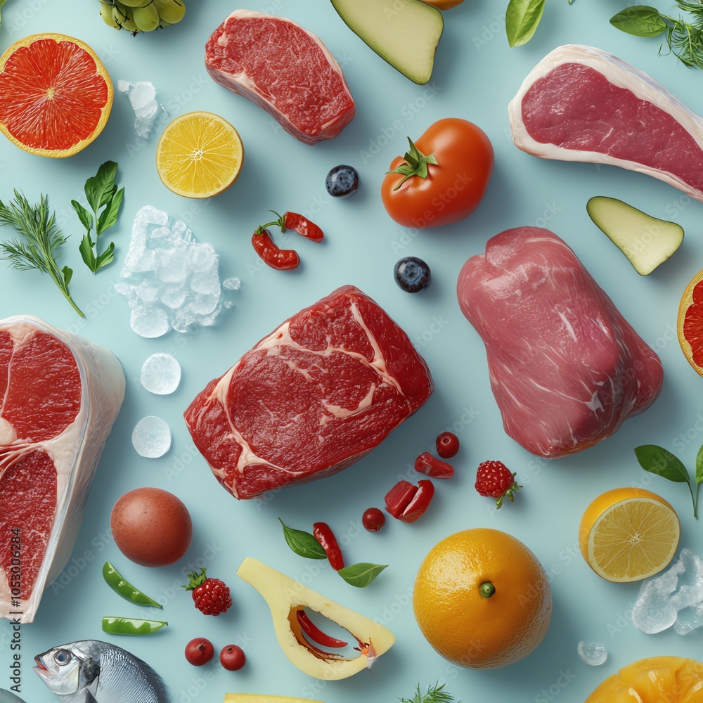 Fresh ingredients including meat, fruits, and vegetables arranged. Fresh ingredients including meat, fruits, and vegetables arranged.