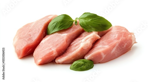 Fresh pork slices with basil leaves, white isolate background. photo