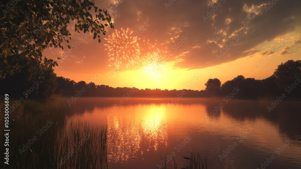 Fototapeta premium Peaceful Sunset Over a Serene Countryside Lake