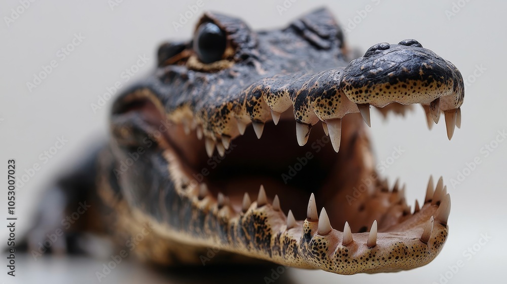 Fototapeta premium Isolated crocodile head with open mouth, sharp teeth bared, rugged skin texture visible, set against a white backdrop. crocodile focus, sharp details