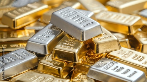 Gold and silver bars stacked, sparkling on a reflective surface.