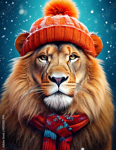 In a beautiful winter wonderland, an adorable male lion wears a cozy knitted hat and scarf. With the gentle snow falling in the background, the holiday spirit radiates from this cute furry friend.