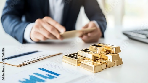 Investment concept with gold bars and financial documents. photo