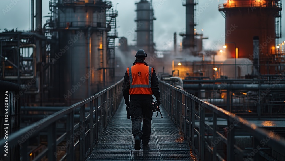 A lone worker in an orange safety vest walks across a catwalk in a large industrial complex. A lone worker in an orange safety vest walks across a catwalk in a large industrial complex.