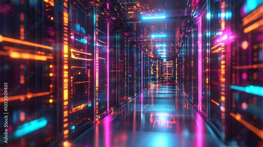 Futuristic Data Center with Neon Lights and Reflections Futuristic Data Center with Neon Lights and Reflections