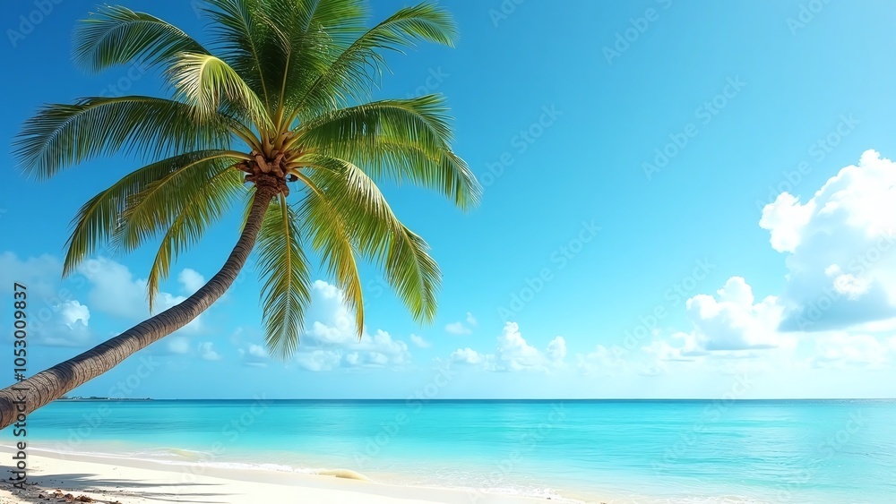 Serene beach with palm tree, tropical island, sunny sky Serene beach with palm tree, tropical island, sunny sky