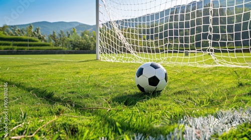 Shot of the ball on the green field near the goal on a sunny day.