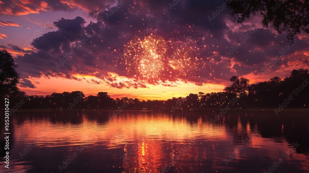 Fototapeta premium Vibrant Reflections on a Calm Lake at Midnight