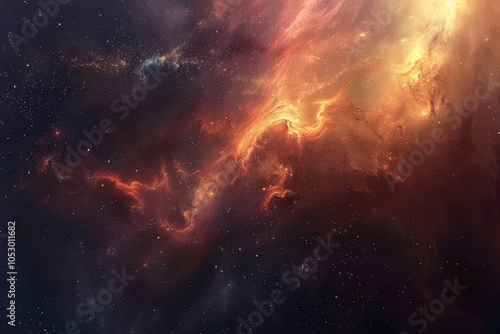 Glowing orange and yellow nebula with bright stars in deep space
