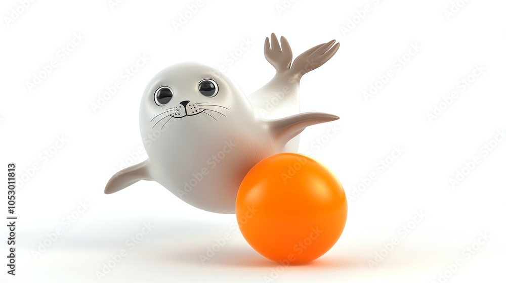 A cartoon seal balances on an orange ball. A cartoon seal balances on an orange ball.