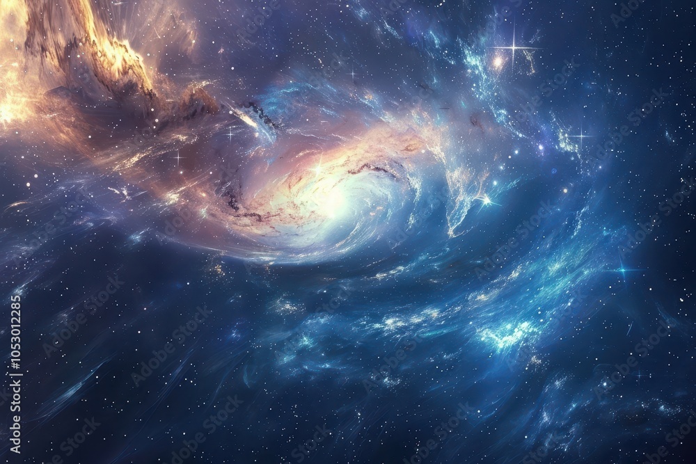 Glowing spiral galaxy with bright center and colorful swirling arms in deep space. Glowing spiral galaxy with bright center and colorful swirling arms in deep space.