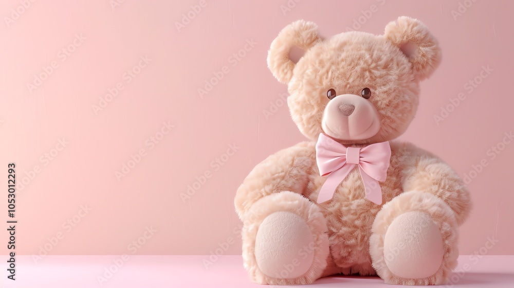 A brown teddy bear with a pink bow is sitting on a pink background. A brown teddy bear with a pink bow is sitting on a pink background.