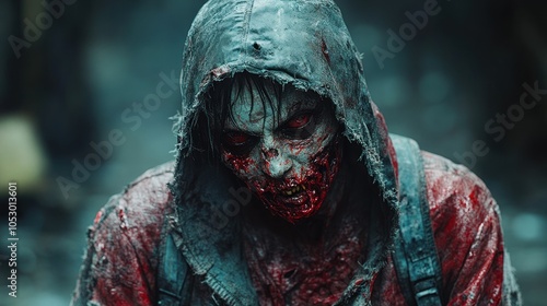 A gruesome zombie figure with a bloodied face and tattered clothing.