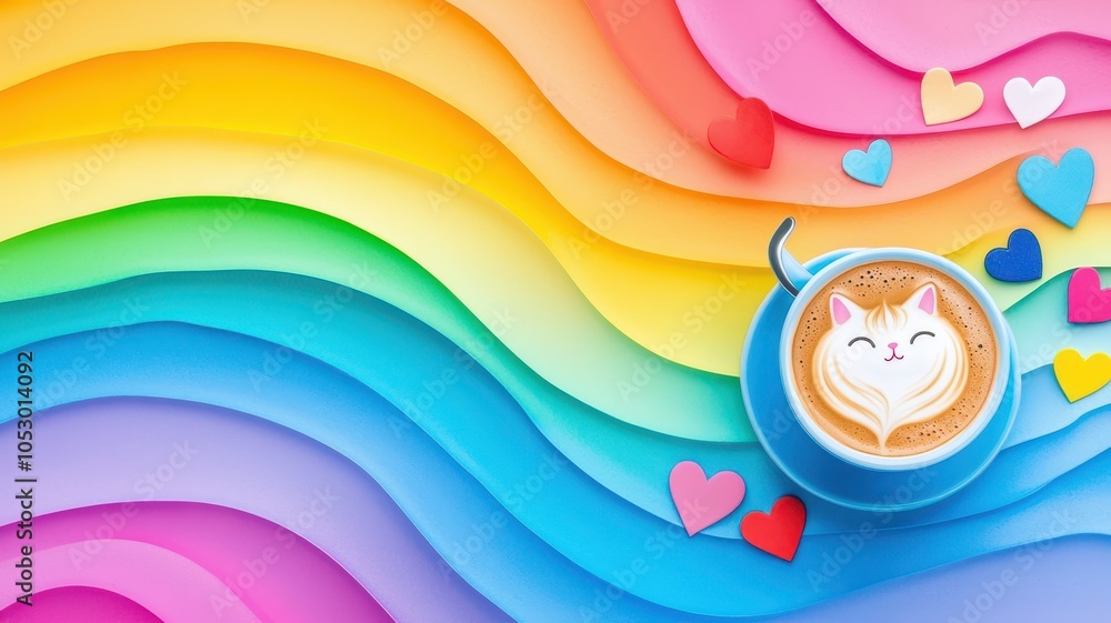 Coffee cup with heart-shaped latte art on colorful paper background.
