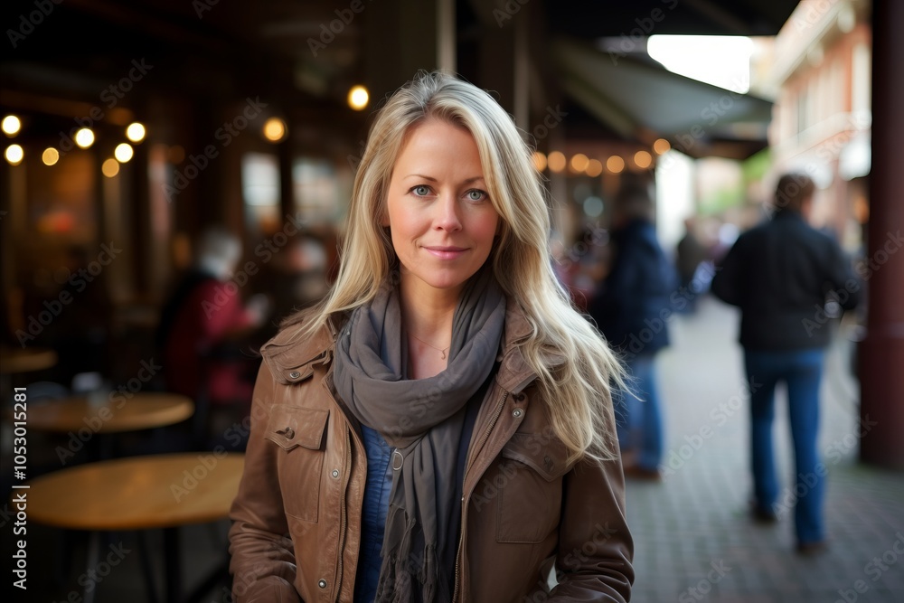 Portrait of a beautiful blond woman in a cafe with people in the background Portrait of a beautiful blond woman in a cafe with people in the background
