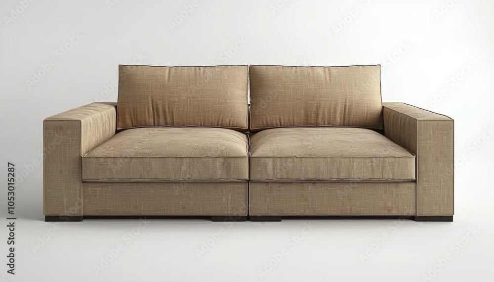 Fototapeta premium A modern, beige sofa with plush cushions, designed for comfort and style in living spaces.