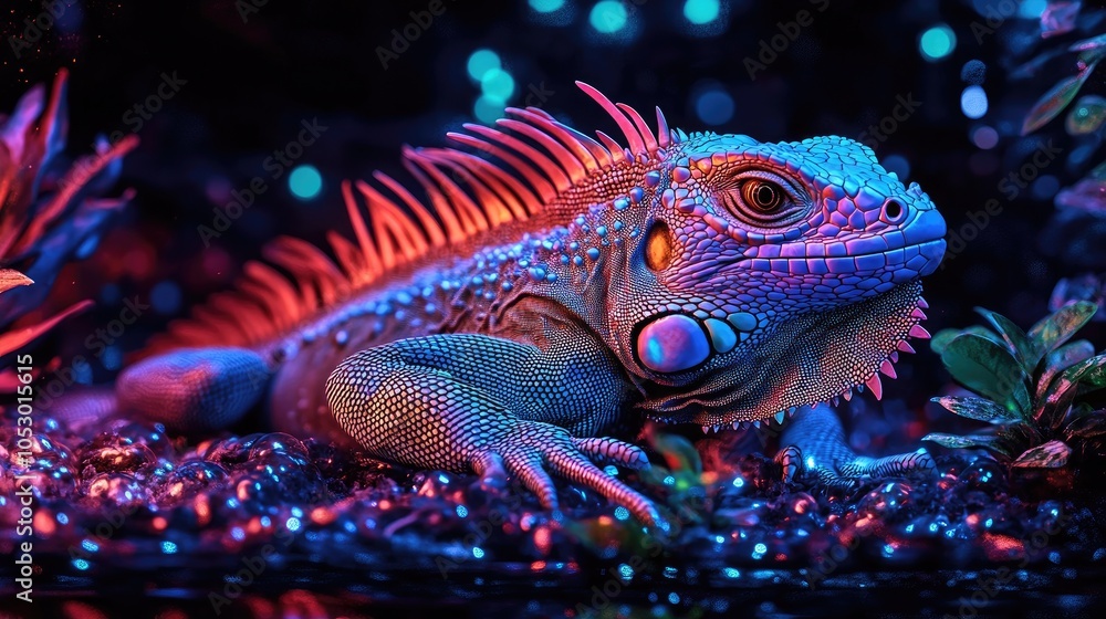 Obraz premium A vibrant green iguana with red and blue highlights sits on a bed of stones under colorful lights.