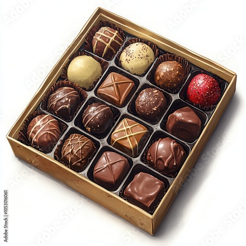 A luxurious assortment of gourmet chocolates in an elegant box, perfect for gifts or indulgent treats. photo