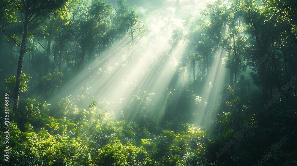 Sunbeams break through the canopy of a lush forest, illuminating the foliage with a magical glow. Sunbeams break through the canopy of a lush forest, illuminating the foliage with a magical glow.