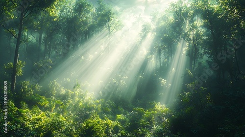 Sunbeams break through the canopy of a lush forest, illuminating the foliage with a magical glow.