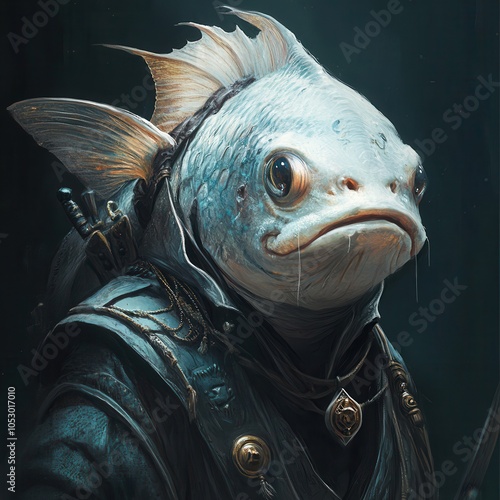 A surreal character combines human features with a fish head, dressed in dark attire, evoking fantasy and intrigue. photo