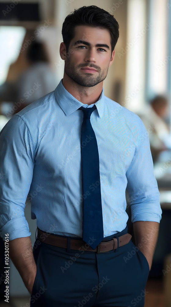Handsome businessman in light blue shirt and dark blue tie, hands in ...