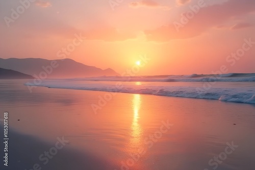 Picturesque Beach Sunset with Reflective Water and Warm Colors