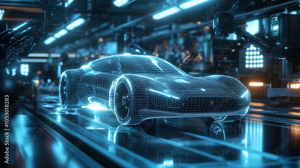 A futuristic car is being assembled in a factory with advanced robotics and glowing blue lights. A futuristic car is being assembled in a factory with advanced robotics and glowing blue lights.