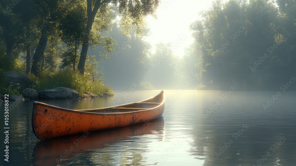 A solitary canoe rests on tranquil waters, surrounded by misty trees. A solitary canoe rests on tranquil waters, surrounded by misty trees.