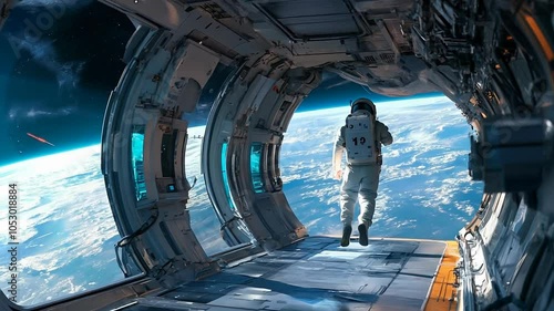 Astronaut Exploring Space Station Corridor with Earth View