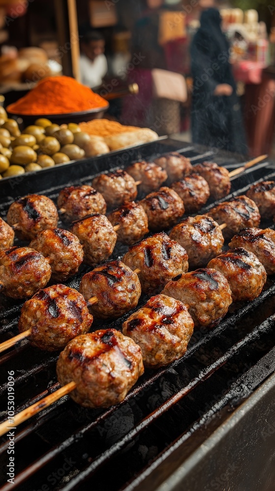 Delicious Grilled Meatballs on Skewers at Outdoor Market Stall with Olives and Spices - Street Food Delights and Savory Flavors in Vibrant Marketplace Delicious Grilled Meatballs on Skewers at Outdoor Market Stall with Olives and Spices - Street Food Delights and Savory Flavors in Vibrant Marketplace